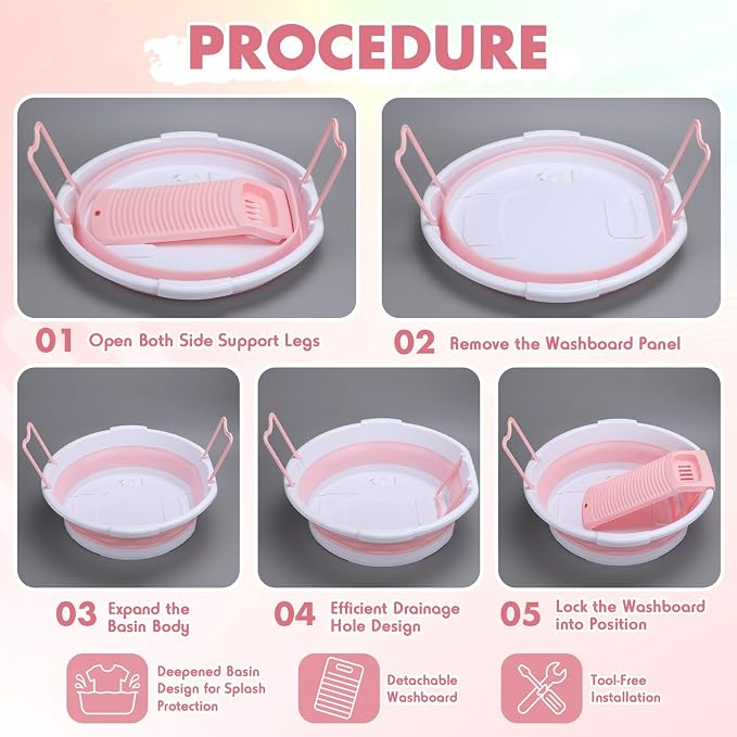 Lounsweer Large Collapsible Washboard Basin for Hand Washing Clothes with 2 Cleaning Brushes Portable Folding Laundry Tub with Non-Slip Washtub for Home Travel Camping (Pink)