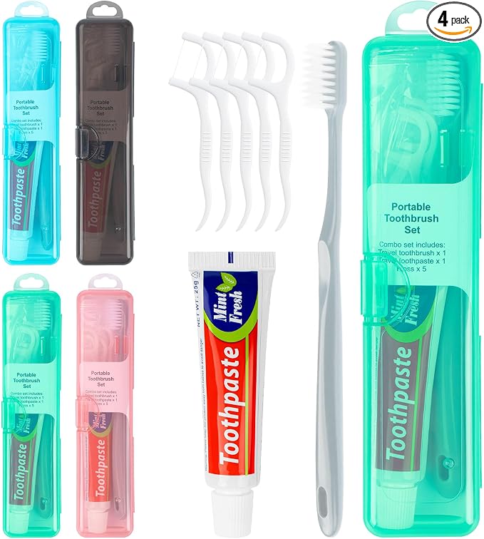 Travel Toothbrush Kit Includes Travel-Sized Toothbrushes, 25g Travel Toothpaste, 5 Floss Picks, a Travel Toothbrush Holder, Ideal for Home, Hotels (Blue, Green, Pink, Black, 4-Pack)