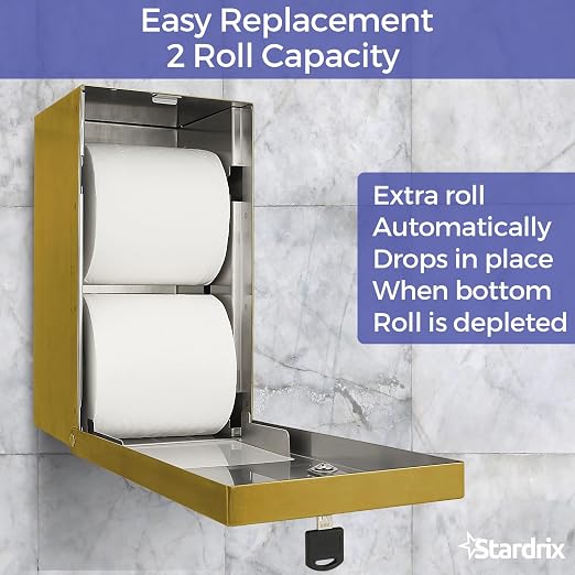 Stardrix Gold 2 Roll Stainless Steel Commercial Toilet Paper Dispenser, Heavy Duty Wall Mount Tissue Holder with Lock for Restroom/Bathroom