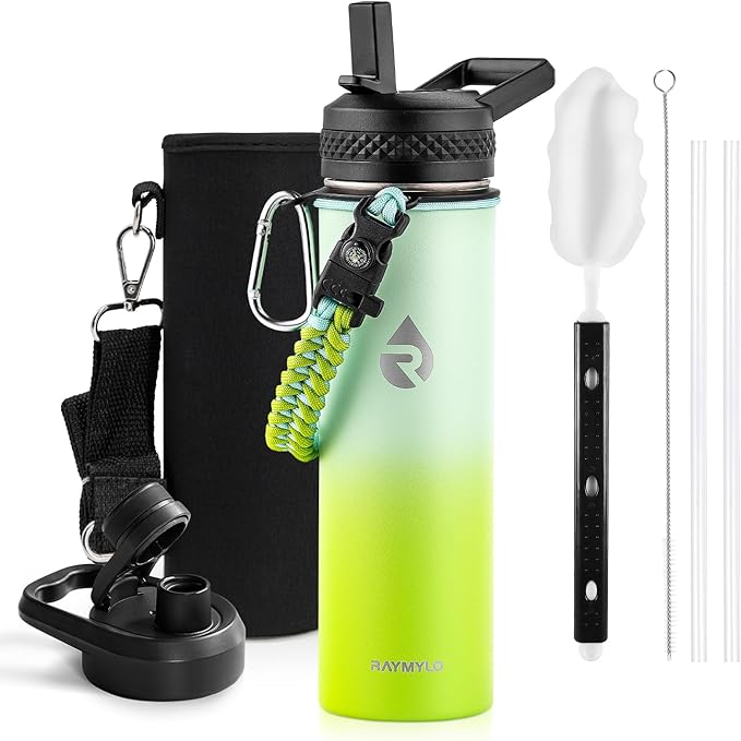 RAYMYLO Insulated Water Bottle 20 oz, Triple Wall Vacuum Stainless Steel (Cold for 24Hrs, Hot for 12Hrs), Leak Proof & Non-BPA, Modern Water Bottle Jug for School with Straw Spout Lids