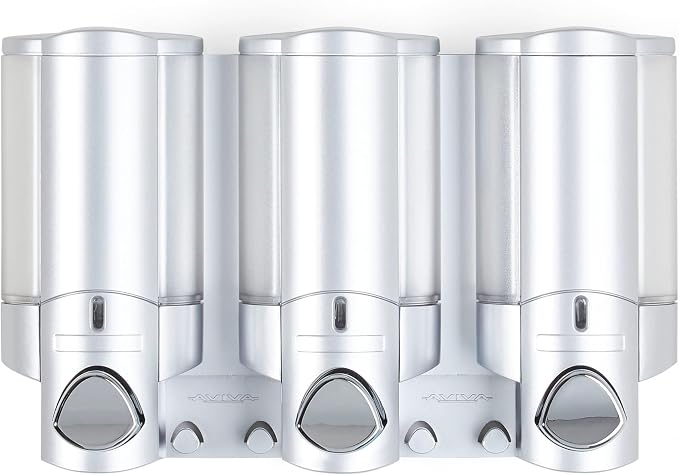 Better Living Aviva Wall Mount Shower Dispenser, 3 x 11 oz, Satin Silver | 3 Chamber, Shower Dispenser for Bathroom, Built-in Hooks, No Drill, Waterproof Dispenser Pump