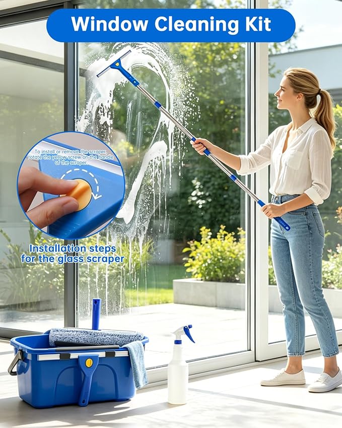 Window Cleaning Kit with Storage Bucket, Squeegee Cleaner Tool with Extension Pole, Glass Cleaning Tools Set with Spray Bottle, Brush, Scrubber, Gap Brush & Gloves for Window Shower Mirror Car