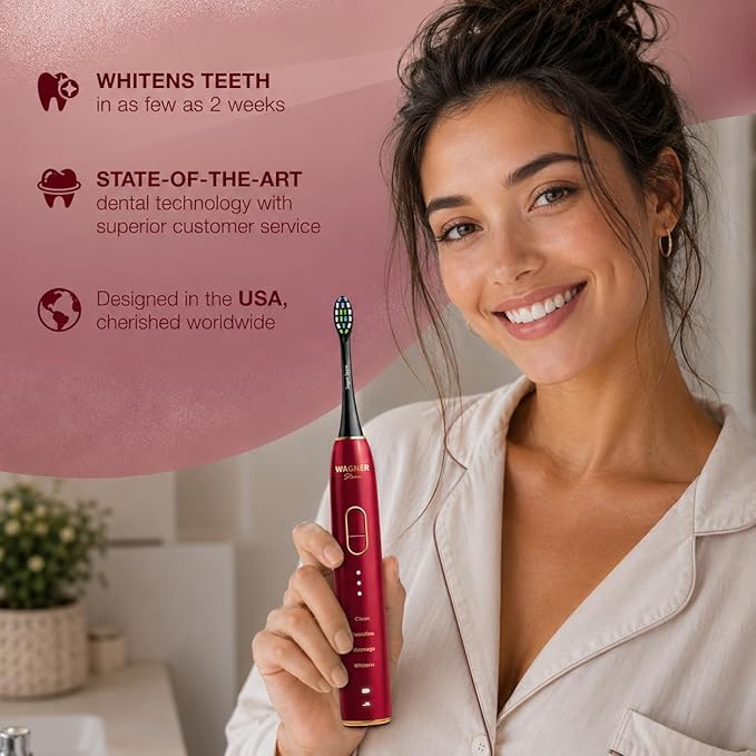 Wagner Stern IntelliBrush Series Whitening Electric Toothbrush with Pressure Sensor. Offers 4 Brushing Modes, 3 intensities, 8 Soft Brush Heads, and a Luxury Travel case.