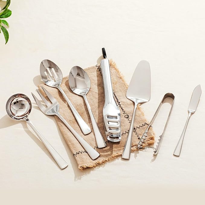 10 Piece 18/10 Serving Utensils Set, Stainless Steel Serving Set | Slotted Spoon, Fork, Tong, Soup Ladle, Cake Server, Butter Knife and Ice Tong for Buffet, Parties, Kitchen,Entertaining