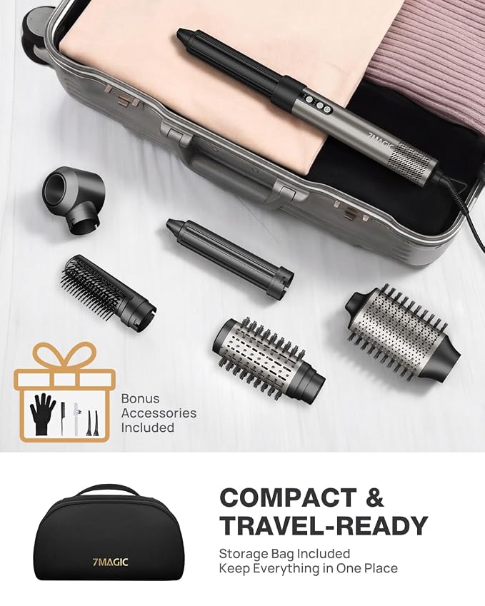 7MAGIC 6 in 1 Multi Hair Styler Dryer Brush, 110,000 RPM High-Speed, Negative Ionic, Fast Drying for Professional Blow Dry, Curling, Volumizing, Straightening and Styling, Silver