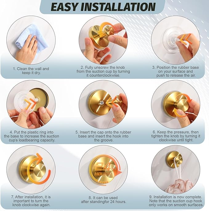 Large 15lb Suction Cup Hooks for Shower, No-Drill Bathroom Towel Hooks for Robes, Loofah, Removable Mountable on Glass, Tile, Mirrors, Smooth Non-Porous Surfaces (2, Brushed Gold)