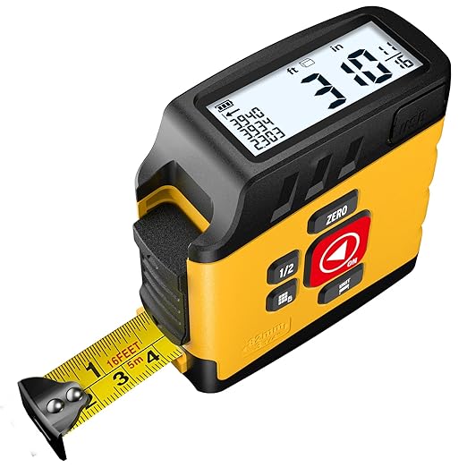 Digital Tape Measure 16 Ft - 6 Metric and Imperial Units, Easy Read Digital Measuring Tape Retractable with Fractions 1/16, Rechargeable Measurement Tool, for Distance/Area/Volume, Yellow