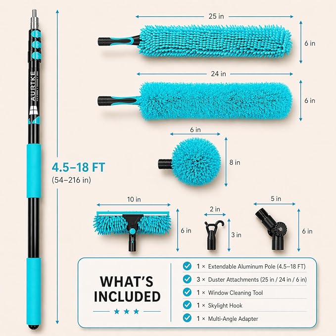 High Ceiling Duster Kit with 4.5-18T Heavy Duty Extension Pole, Reaches Up to 25FT, Includes Microfiber Feather Duster, Cobweb and Ceiling Fan Duster, Window Squeegee Cleaner & Skylight Hook (18FT)