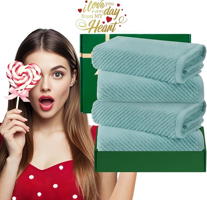 VOOVA & MOVAS Hand Towels 4PC, 100% Cotton, 18x28 in, Aqua Teal | Quick Dry, Soft, Absorbent, Thick Fluffy Towel Set For Showering, Towel Gift Set, Suitable For Bathroom, Travel, Gym