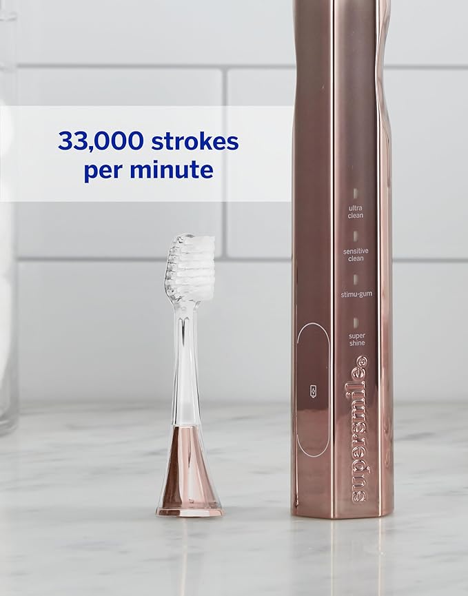 Supersmile Zina45™ Deluxe Sonic Pulse Toothbrush – Rechargeable Electric Brush with Angled Head & Travel Case – for Whiter Teeth and Healthier Gums, Rose Gold