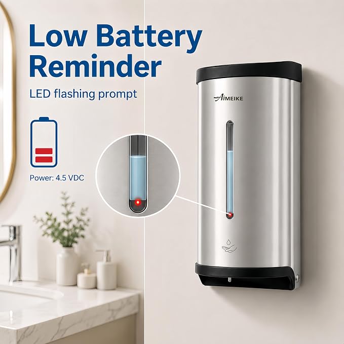 Automatic Wall-Mount Soap Dispenser, 800 mL Stainless Steel | Touchless 800 mL wall dispenser with viewing window, keyed lock and low-liquid indicator; requires 6 AA batteries.