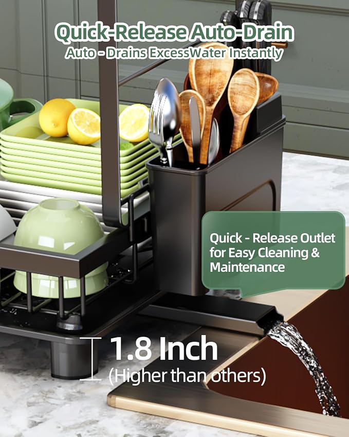 Dish Drying Rack, 2 Tier Space-Saving Dish Rack, Multifunctional Dish Drainer for Kitchen Counter with Drainboard/Utensil/Cup Holder Rustproof Carbon Steel, Black