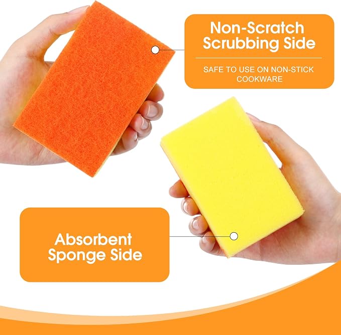 Tioncy 100 Pcs Individually Wrapped Sponges Bulk Kitchen Orange Non Scratch Scrub Sponges Dual Sided Cleaning Scrubber for Household Washing Dishes, Pots, Pans, Sinks, Stoves, Appliances, Car, Bike