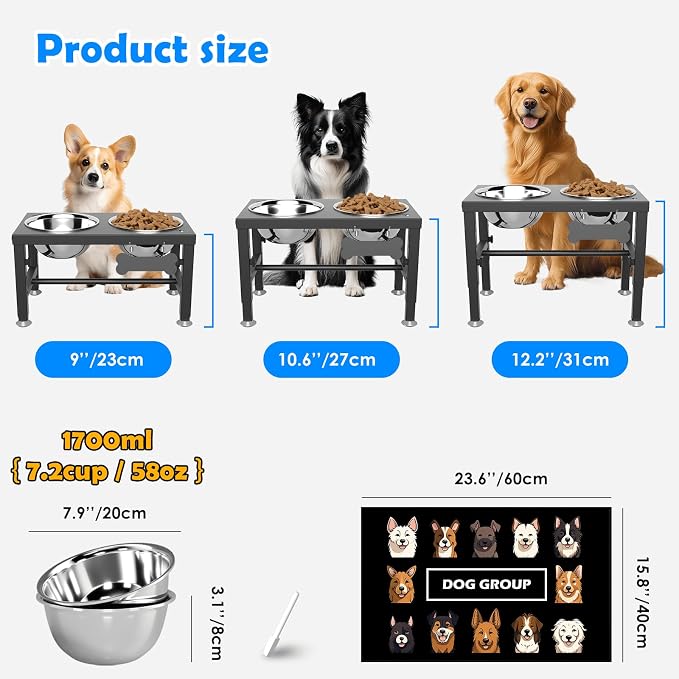 SHAINFUN Elevated Dog Bowls with Mat for Medium Large Dogs, Raised Dog Bowl Stand with 2 Stainless Steel 58oz Bowls, Tall Dogs Food Water Bowl Holder