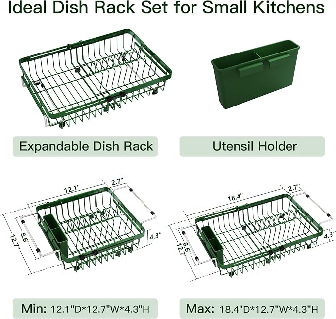 Green Dish Drying Rack Over The Sink with Utensil Holder | Expandable Stainless Steel Dish Drainer for Small Kitchen, Apartment, RV, Counter Space Saving, Perfect Fit, Rustproof