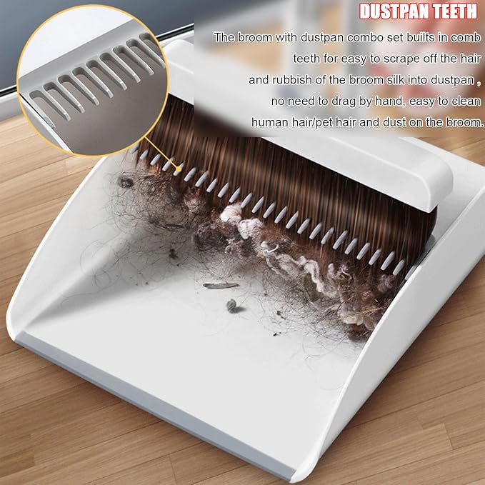 Broom and Dustpan Combo Set for Home, Soft Bristles Angle Broom, Dust Pan with Comb Teeth, Long Handle Upright Standing Sweep Set for Room Kitchen Office,Buckle~Lock
