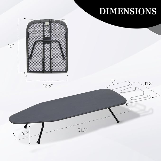 ZOES HOMEWARE Metal Mesh Panel Tabletop Ironing Board | Foldable Iron Board | Heavy Duty Small Iron Board with Heat Resistant Cover and 100% Cotton 8mm Thicken Pad | 31.5"x11.8"x6.2"