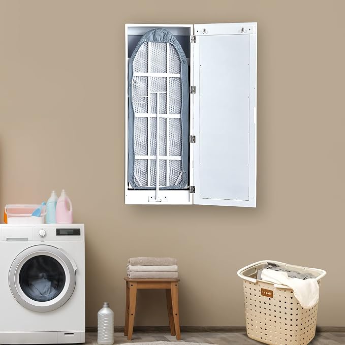 Ironing Board Cabinet with Storage for Laundry Room,White | Mirror Door|3-tier Storage Shelves|High-Temperature Protection Design|Good Load-Bearing Capacity