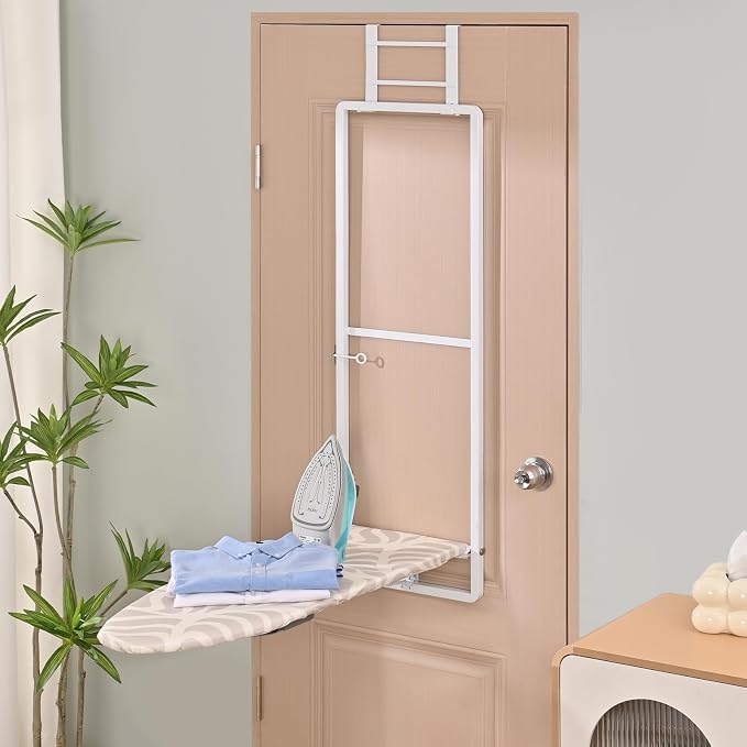 KINGBOARD Over Door Ironing Board, Hanging Ironing Board with Iron Holder, 36" X 12" Compact Fold Down Iron Board for Small Spaces, Removable Heat Resistant Cover, White