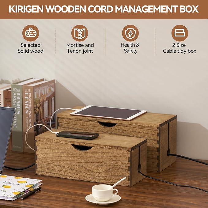 KIRIGEN Wooden Cable Management Box Set of 2, Cord Organizer, Brown | Large and Small Solid Wood Boxes with Removable Lids for Power Strips, Chargers, Routers, and Desks Home Office