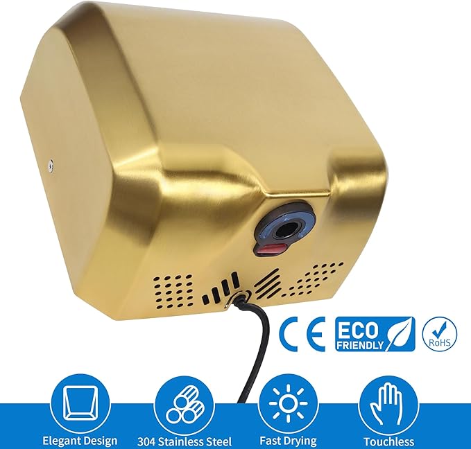 Goetland Stainless Steel Commercial Hand Dryer 1800w Automatic High Speed Heavy Duty Gold