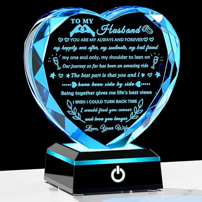 YWHL Gifts for Husband from Wife with Colorful LED Base Anniversary Birthday Gifts for Husband to My Husband Crystal Heart keepsake I Love You Gifts for Him on Valentine Christmas Fathers Day