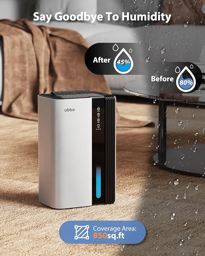 UBBO 95oz Dehumidifiers for Home, 1000 Sq.Ft Dehumidifier with Drain Hose - Auto Shut Off, Timer, Sleep Mode & Drain Hose - 7 Color Light for Bedroom, Bathroom, RV White