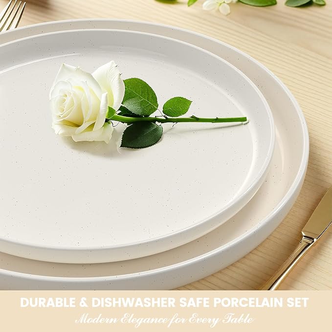 Plates and Bowls Sets, Scratch Resistant Dinnerware Sets for 8, 24 Pieces Porcelain Ceramic Dishware Dishes Set, Modern Stoneware Kitchen Dinner Set, Microwave and Dishwasher Safe, Cream White