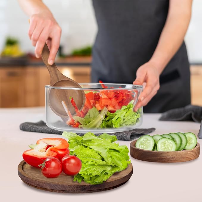 Large Glass Salad Bowls Set | Party Glass Mixing Bowl with Acacia Wood Lid Base and Serving Utensil | Elegant and Practical Serving Bowl for Kitchen
