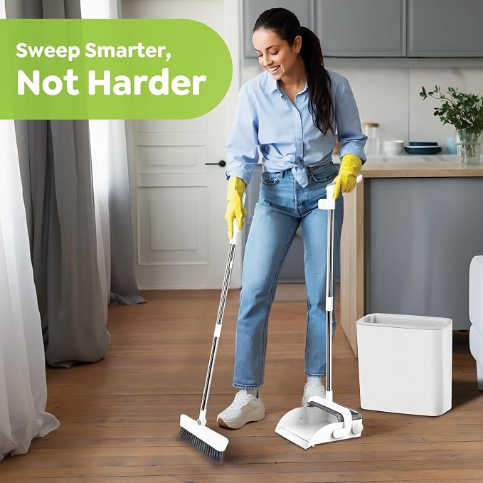 DustDockPro: Broom and Dustpan Set with Trashcan - Long Handle Upright Dust Pan with Teeth Comb, Angled Bristles for Pet Hair Removal, Compact Cleaning Kit for Kitchen Home Tiles Hard Floors