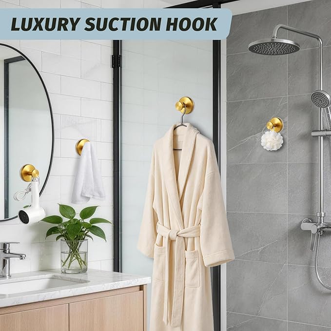 Large 15lb Suction Cup Hooks for Shower, No-Drill Bathroom Towel Hooks for Robes, Loofah, Removable Mountable on Glass, Tile, Mirrors, Smooth Non-Porous Surfaces (2, Brushed Gold)
