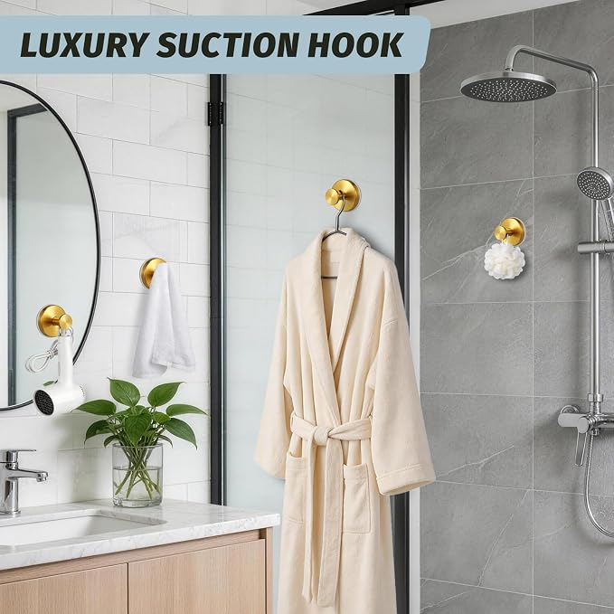 Suction Cup Hooks No Drill Stainless Steel Shower Hooks Towel Hook Heavy Duty on Smooth and Non-Porous Surfaces in Bathrooms Kitchen Bedroom (4, Brushed Gold)