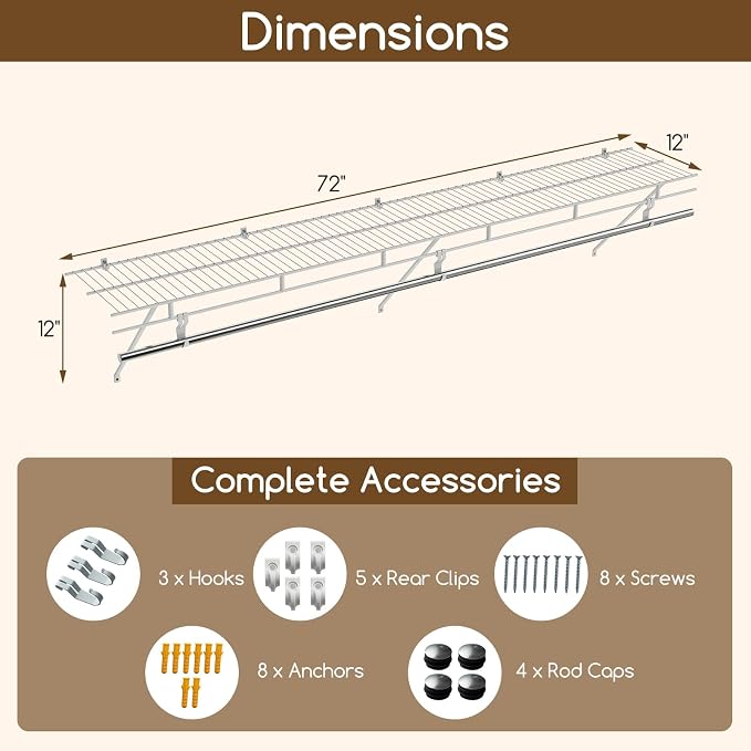 COSTWAY Closet Shelves Wall Mounted, Ventilated Shelf with Hanging Rod | Metal Wire Shelving Kit, Wire Wall Shelf for Laundry Room, Bedroom, Home, Mounting Accessories Included (4, 6 ft x 12 in)