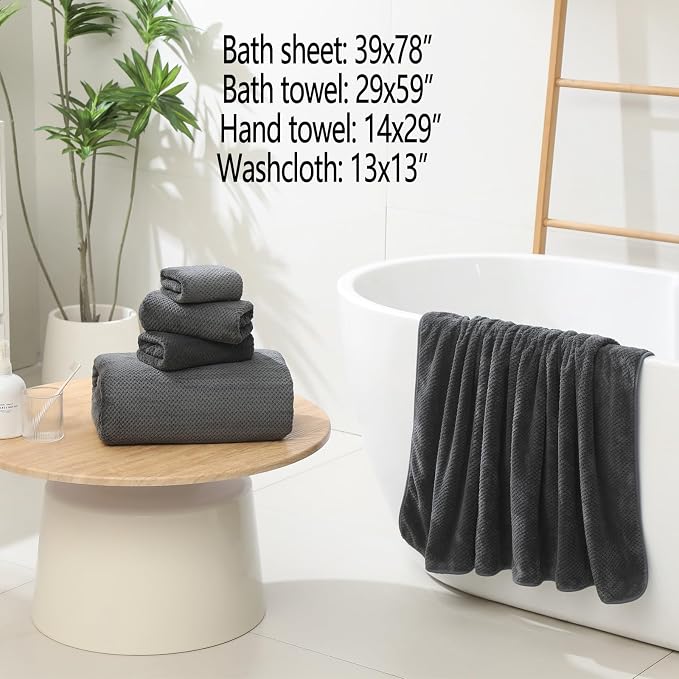 YTYC 39x78 Bath Sheets,Towels for Bathroom,Charcoal Grey,2-Pieces | Extra Large Bath Towels, Super Soft,Highly absorbent,Hanging Loop,Quick Drying,Light Weight,80% Polyester