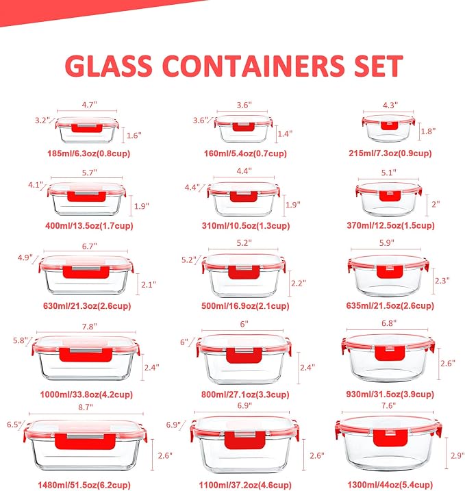 30 Pieces Glass Food Storage Containers Set, Meal Prep Containers Set with Snap Locking Lids, Airtight Glass Lunch Containers, Microwave, Oven, Freezer & Dishwasher, Red