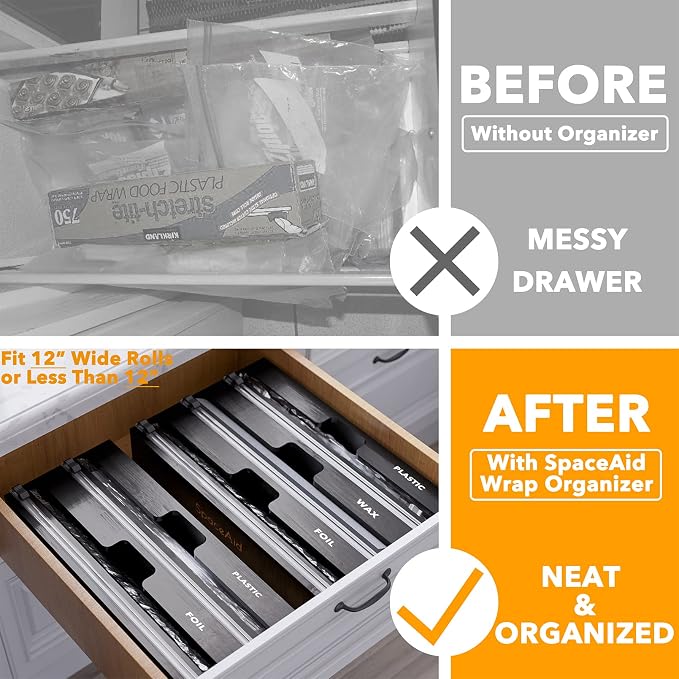 SpaceAid WrapNeat 3 in 1 Wrap Organizer with Cutter and Labels, Plastic Wrap, Aluminum Foil and Wax Bamboo Dispenser for Kitchen Storage Organization Holder for 12" Roll (Black)