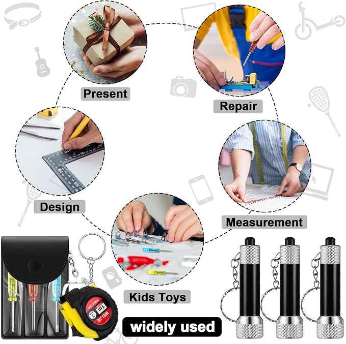 Jutom 18 Pcs Mini Tape Measure Keychain Screwdriver LED Light Keychain Bulk Men Adult Tool Party Gifts Prize for Man Father's Day Housewarming Gifts Adult Useful Tool Favors (Black)