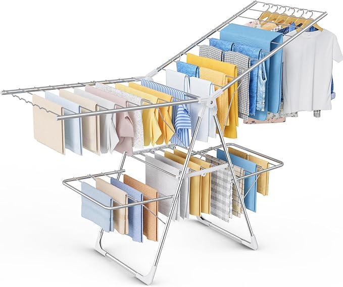 Sakugi Clothes Drying Rack, Foldable 2-Level Laundry Drying Rack with Height-Adjustable Wings, for Clothing & Bedding, Free-Standing Space-Saving Rack, Indoor & Outdoor, 70" L × 22.8" W, Silver White