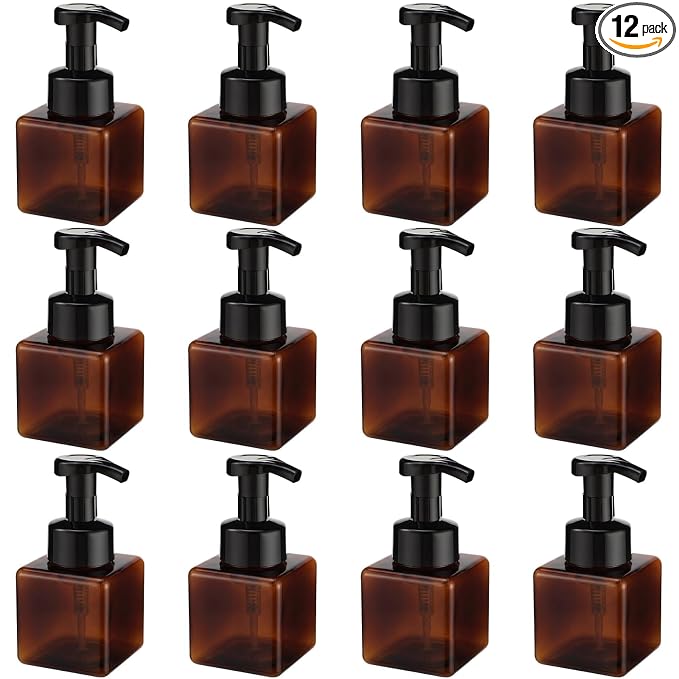 Domensi Foaming Soap Dispenser 8.5 oz Foam Pump Bottle Bulk Empty Travel Foaming Dispenser Refillable Hand Soap Plastic Pump Bottle Travel Clear Container for Bathroom Vanities(12 Pcs,Brown)