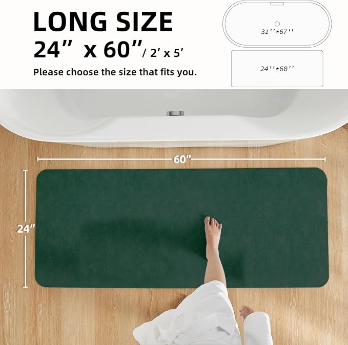 TYUU Bathroom Mat Quick Dry, Bathroom Rugs Non Slip Washable Thin Absorbent Bath Mat Fits Under Door Bathroom Floor Mat Perfect for Bath, Shower, or Sink 24"x60" Dark Green