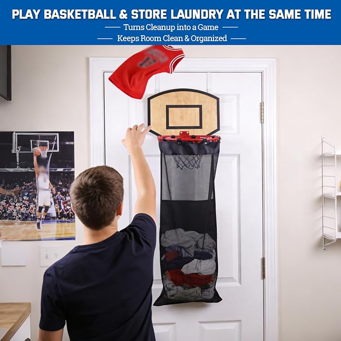 Basketball Laundry Hamper, Over The Door Hoop with Laundry Basket, Sports-Themed Hamper Organizer Set with Backboard, Ball, Net, Air Pump & Hooks for Bedroom or Bathroom