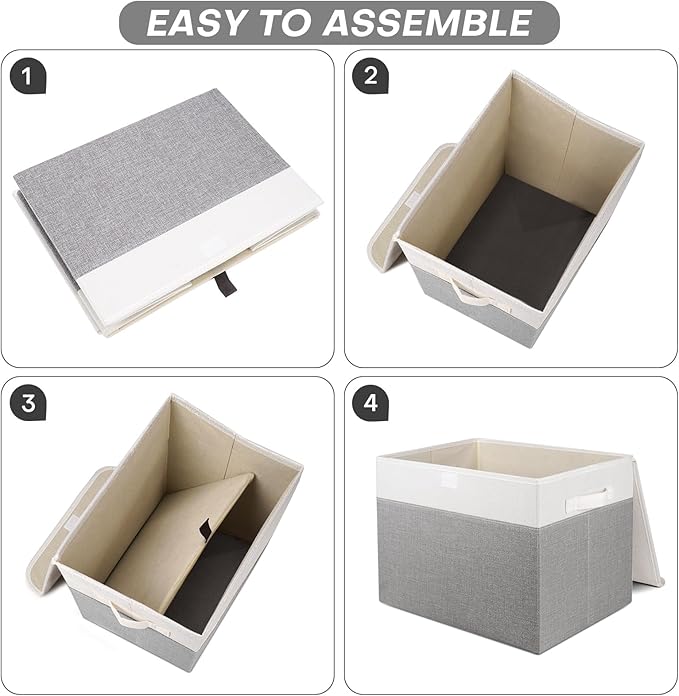 Bagnizer Large 22 Quart Linen Fabric Foldable Storage Bin Cube Organizer Basket with Flip-Top Lid & Handles, Clothes Blanket Box for Home, Office, Closet, Gray & White, 4 Pack 14.6 x 9.5 x 9.5”