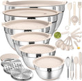 Mixing Bowls with Airtight Lids Set, 26PCS Stainless Steel Khaki Bowls with Grater Attachments, Non-Slip Bottoms & Kitchen Gadgets Set, Size 7, 4, 2.5, 2.0,1.5, 1QT, Great for Mixing & Serving