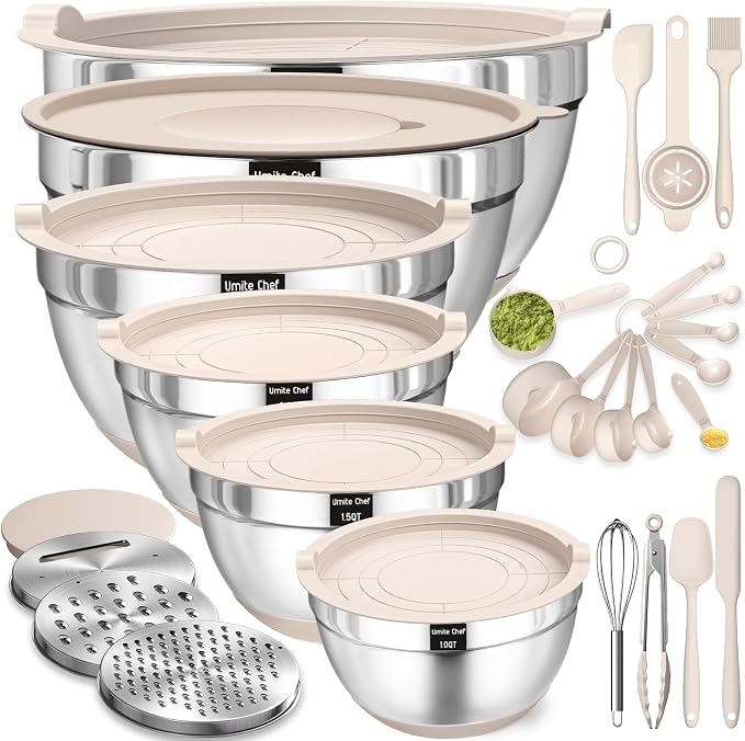 Mixing Bowls with Airtight Lids Set, 26PCS Stainless Steel Khaki Bowls with Grater Attachments, Non-Slip Bottoms & Kitchen Gadgets Set, Size 7, 4, 2.5, 2.0,1.5, 1QT, Great for Mixing & Serving