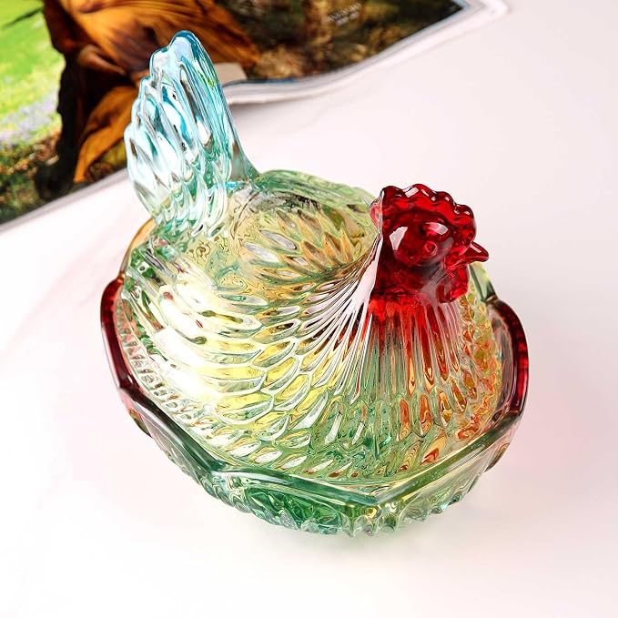 Hen-Shaped Crystal Glass Candy Dish,Pastoral Style Candy Bowl with Lid,Muti-Color Tabletop Dessert Plate Snack Bowl Egg Tray