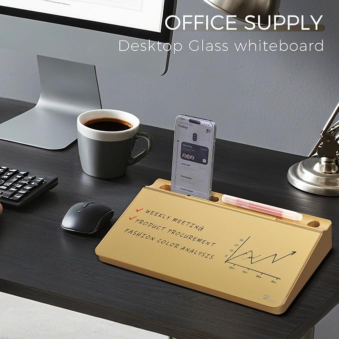 TOWON Small Compact Glass Desktop Whiteboard with Storage – 12 x 7 in Dry Erase Board for Desk, Home Office, School | Includes 5 Markers, Eraser & Holder | Space-Saving Organizer, Metallic Gold
