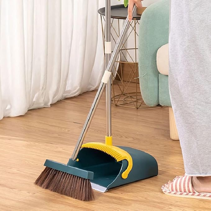 Broom and Dustpan Set - Upright Standing Dust Pan and Broom Combo for Easy Sweeping - Easy Assembly Great Use for Home Kitchen Room Office Lobby,Blue