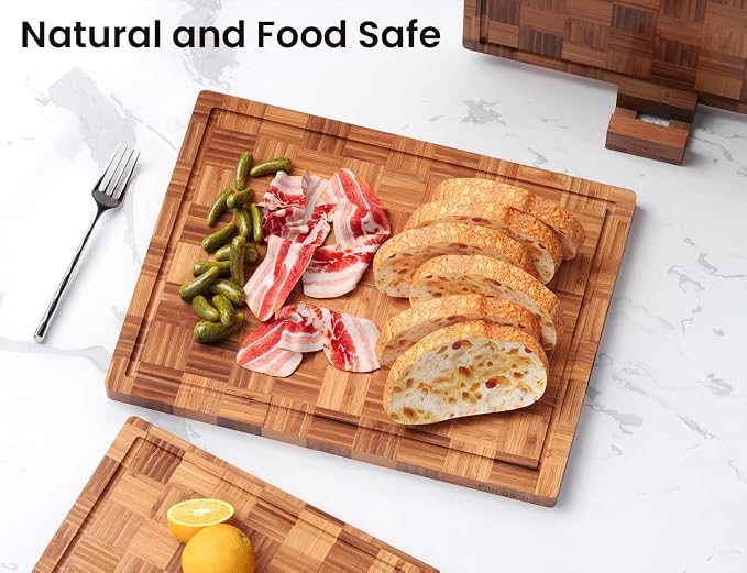 Fibogollo Set of 3 Bamboo Kitchen Cutting Boards with Juice Groove Large | Chopping Boards Set,End Grain Bamboo Butcher Block with Storage Stand,Serving Board and Charcuterie with Holderfor Meat