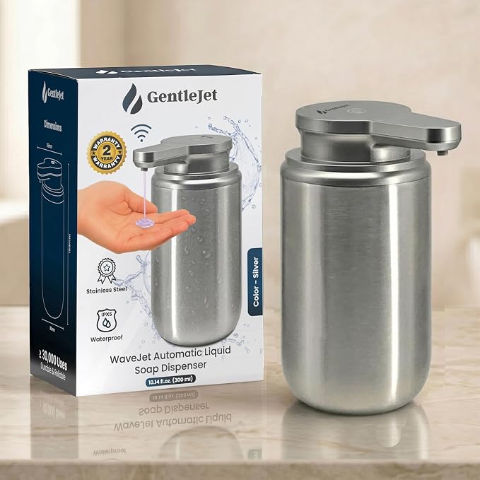 GentleJet WaveJet Automatic Liquid Soap Dispenser Touchless Sensor, USB-C Rechargeable, 304 Stainless Steel, IPX5 Waterproof for Bathroom Kitchen Sink, 10 oz / 300 ml