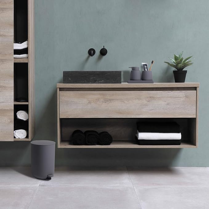 GAHEFY Grey Bathroom Accessories Set with Small Trash Can 3 Liter/0.8 Gallon,Toothbrush Holder,Soap Dispenser,Vanity Tray,Toilet Bowl Brush and Holder Grey 5PCS